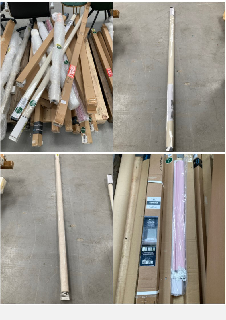 PALLET OF A VARIETY OF BLINDS AND CURTAINS INCLUDING A PINK BLIND.