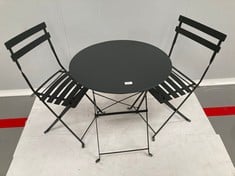 SET OF BLACK GARDEN TABLE AND CHAIRS.