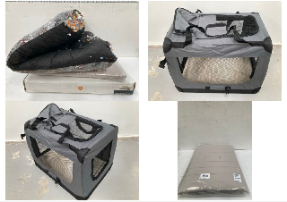 3 X PET SUPPLIES INCLUDING GREY AND BLACK FOLDING KENNEL (BROKEN BED).