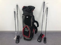 PACK OF GOLF ITEMS INCLUDING WILSON BACKPACK AND A VARIETY OF GOLF CLUBS.