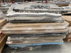 PALLET ASSORTMENT OF UPHOLSTERED BASES AND BOX SPRING INCLUDING MATTRESS JENNA MODWAY UNSPECIFIED SIZES (MAY BE BROKEN, DIRTY OR INCOMPLETE).