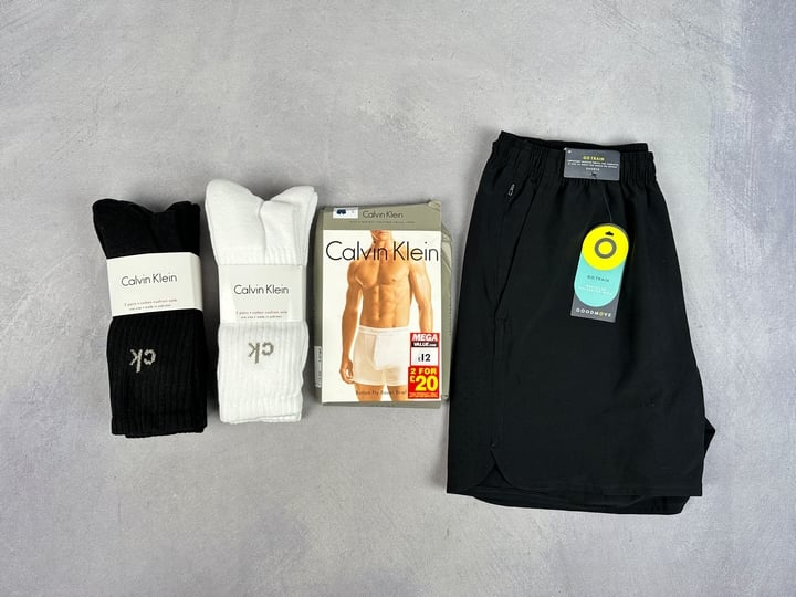 Calvin Klein Boxer Briefs Size L, Calvin Klien Socks 2x Paxcks 6x Socks ONE Size Ans M&S Goodmove Shorts Size M (VAT ONLY PAYABLE ON BUYERS PREMIUM) (BAAP214/199)