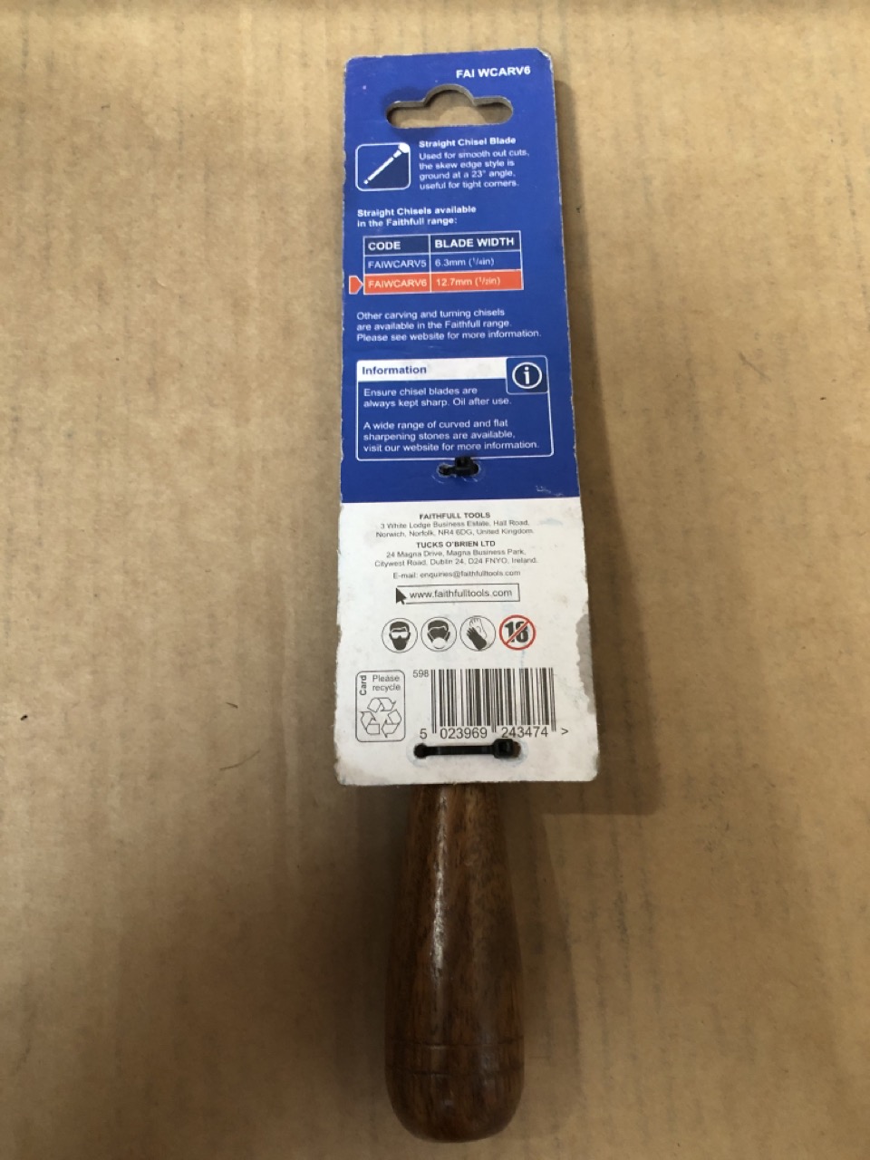 Faithfull Scalpello Per Intaglio Dritto - Larghezza Lama 12,7 Mm (1/2 Pollice) Con Manico In Legno Duro