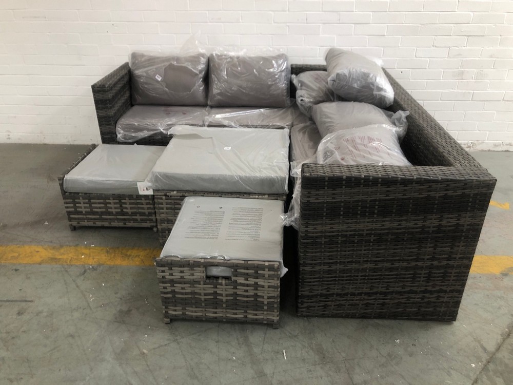 John Pye Auctions 4 SEATER GARDEN RATTAN CORNER SOFA IN GREY WITH 3 X