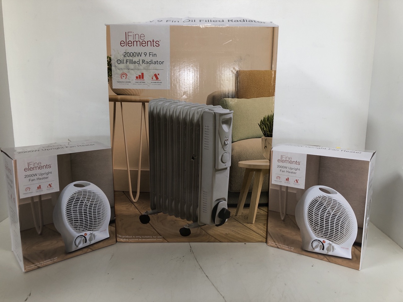 John Pye Auctions - FINE ELEMENTS 2000W 9 FIN OIL FILLED RADIATOR TO  INCLUDE 2X FINE ELEMENTS 2000W UPRIGHT FAN HEATER
