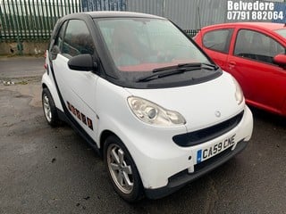 Location: BELVEDERE - 2009 SMART FORTWO PASSION MHD AUTO 	 COUPE REG: CA59CNE, 999cc PETROL, 5 SPEED AUTO PETROL, Former Keepers: 5, Keys: No, MOT: Expiry date27/01/2025